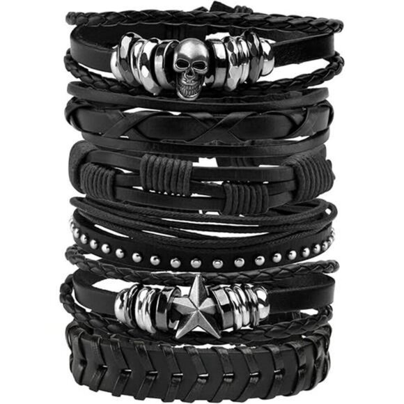 Punk Leather Bracelet Set Mens Womens Skull Braided Cuff Wristbands 6 Pack - Picture 7 of 7